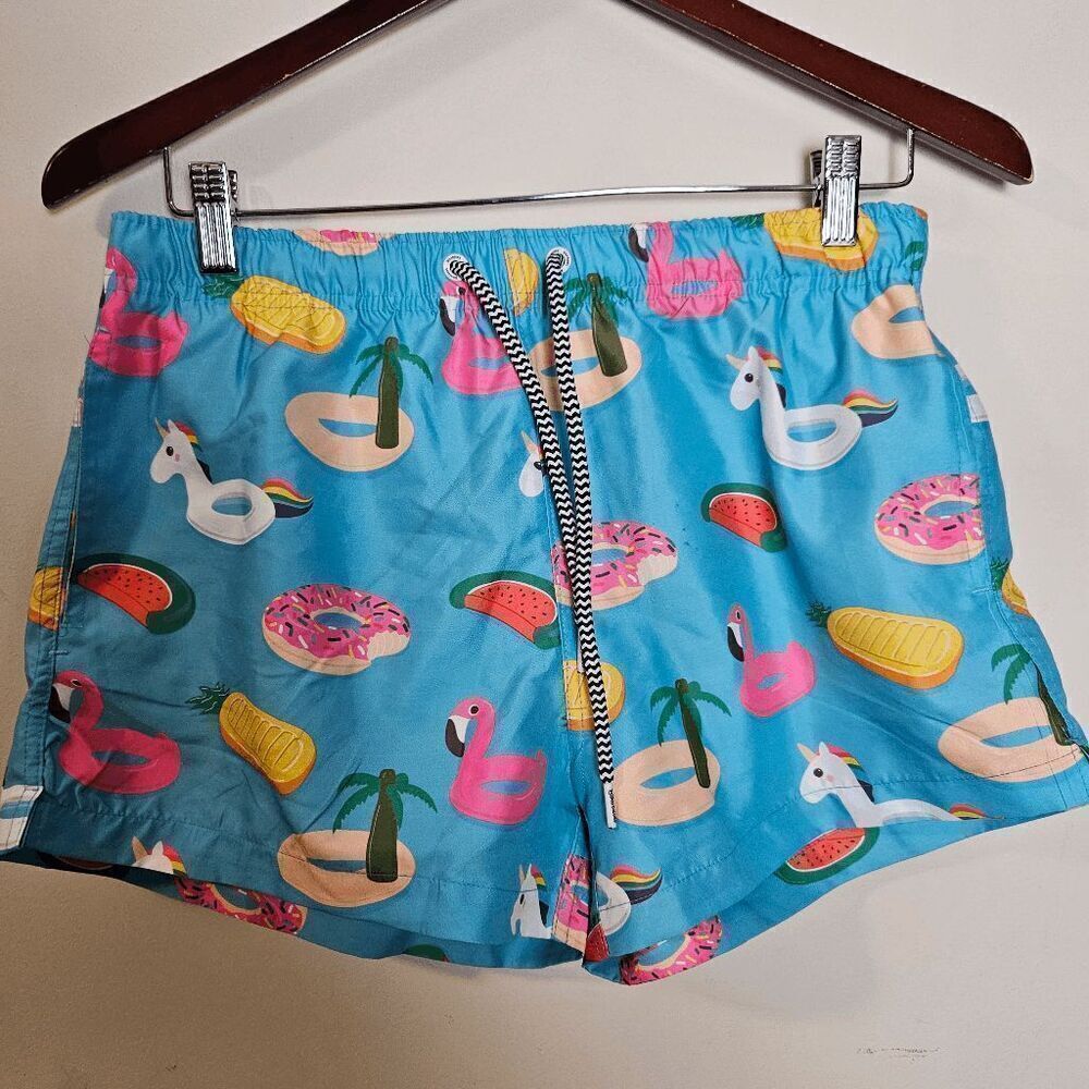 Boardies Beach Pattern Elastic Waist Swim Trunks Men's Blue Size Medium Unicorn